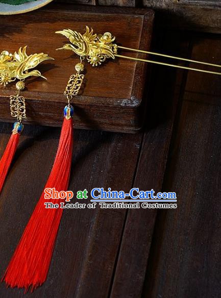 Chinese Handmade Classical Hair Accessories Ancient Red Tassel Crane Hairpins Hair Clip for Women