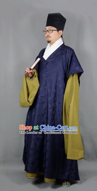 Ancient China Ming Dynasty Taoist Priest Costumes Hanfu Navy Robe for Men