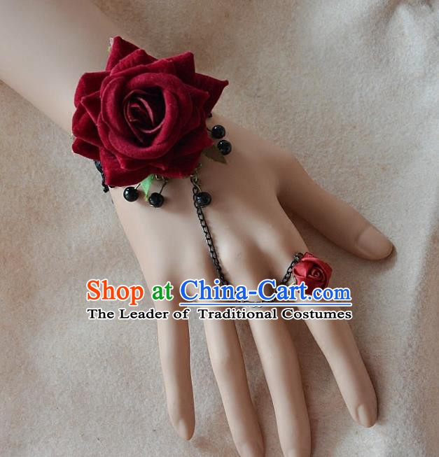 European Western Bride Wrist Flowers Vintage Renaissance Wine Red Rose Bracelet with Ring for Women