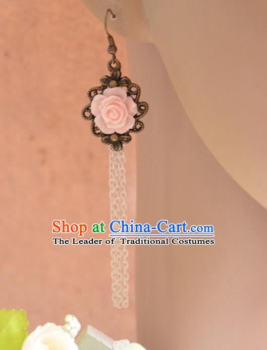 European Western Bride Vintage Jewelry Accessories Eardrop Renaissance Pink Flower Tassel Gothic Earrings for Women