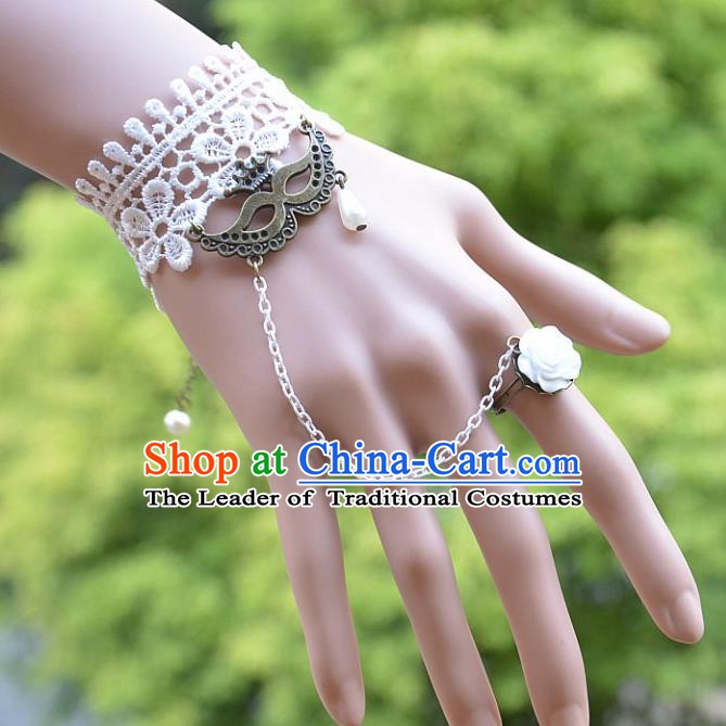 European Western Bride Wrist Accessories Vintage Renaissance White Lace Bracelet with Ring for Women