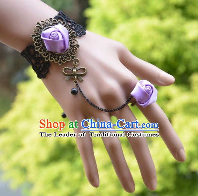 European Western Bride Wrist Accessories Vintage Renaissance Purple Rose Bracelet with Ring for Women