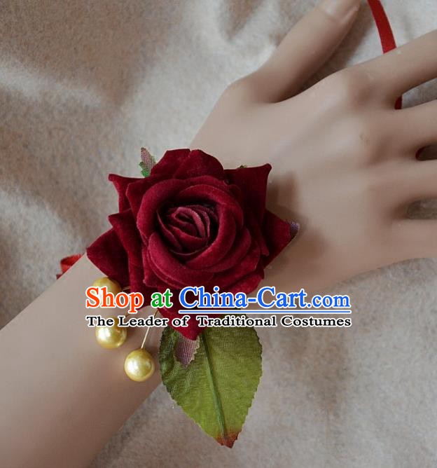 European Western Bride Wrist Flowers Vintage Renaissance Wine Red Rose Bracelet for Women