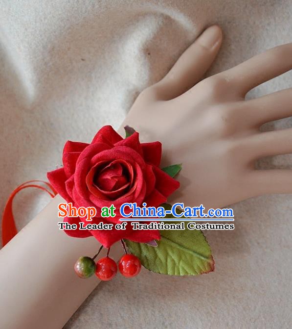 European Western Bride Wrist Flowers Vintage Renaissance Red Rose Bracelet for Women