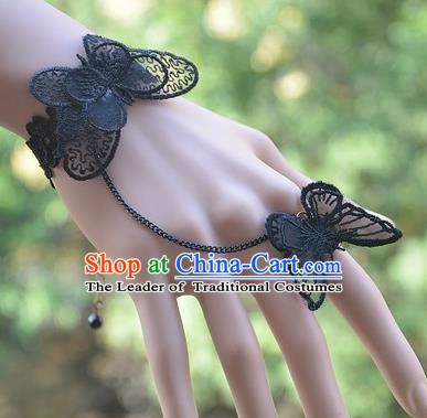 European Western Bride Vintage Jewelry Accessories Renaissance Black Lace Butterfly Bracelet with Ring for Women