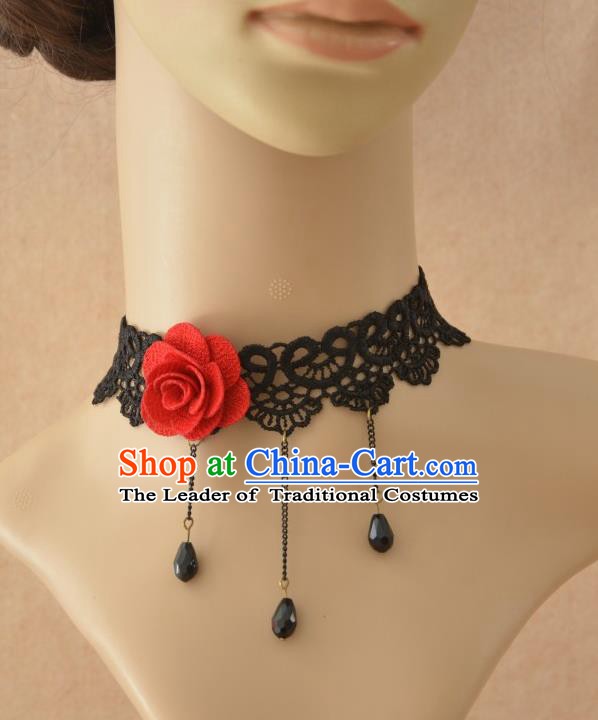 European Western Vintage Jewelry Accessories Renaissance Bride Rose Black Lace Tassel Necklace for Women