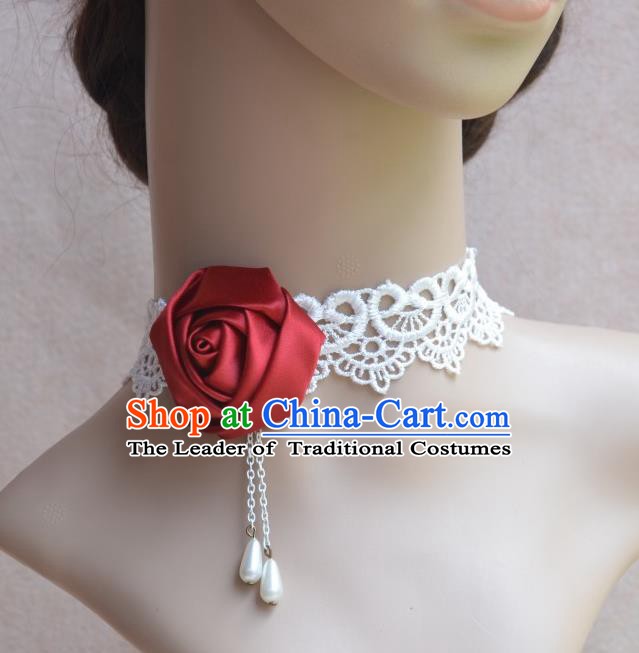 European Western Vintage Jewelry Accessories Renaissance Bride Red Satin Rose Necklace for Women