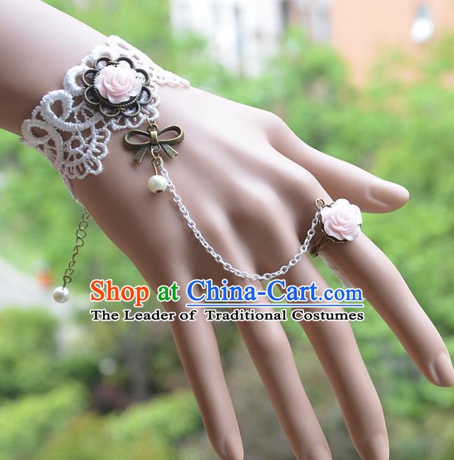 European Western Bride Vintage Jewelry Accessories Renaissance Pink Rose Bracelet with Ring for Women