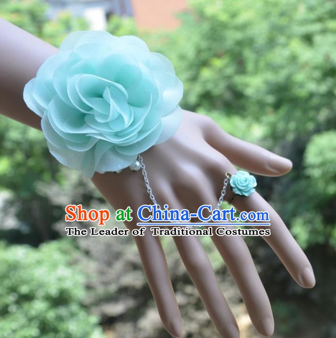 European Western Bride Vintage Blue Wrist Flowers Accessories Renaissance Bracelet with Ring for Women