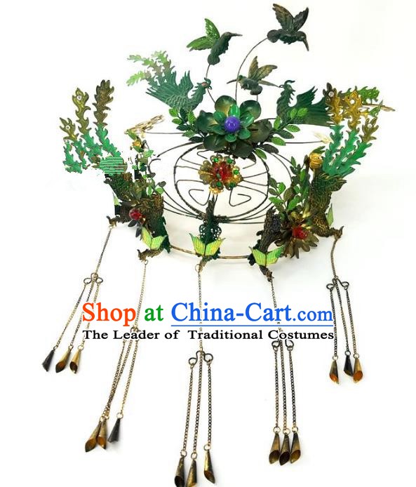 Chinese Handmade Classical Green Phoenix Coronet Ancient Hanfu Headdress Hair Accessories for Women