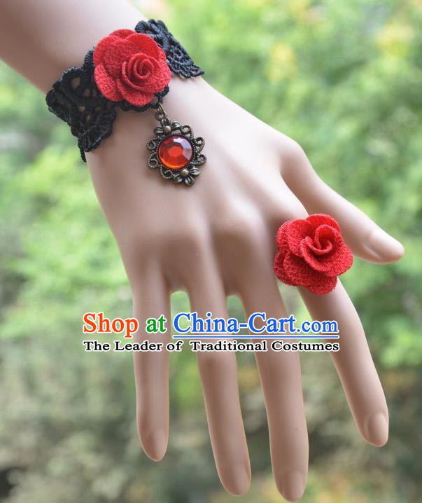 European Western Bride Vintage Jewelry Accessories Renaissance Red Crystal Flower Bracelet and Ring for Women