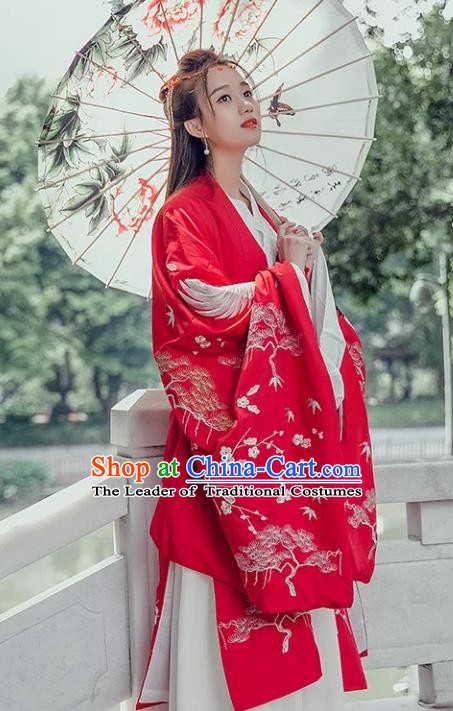 China Ancient Palace Princess Costume Embroidered Red Wide Sleeve Cardigan for Women