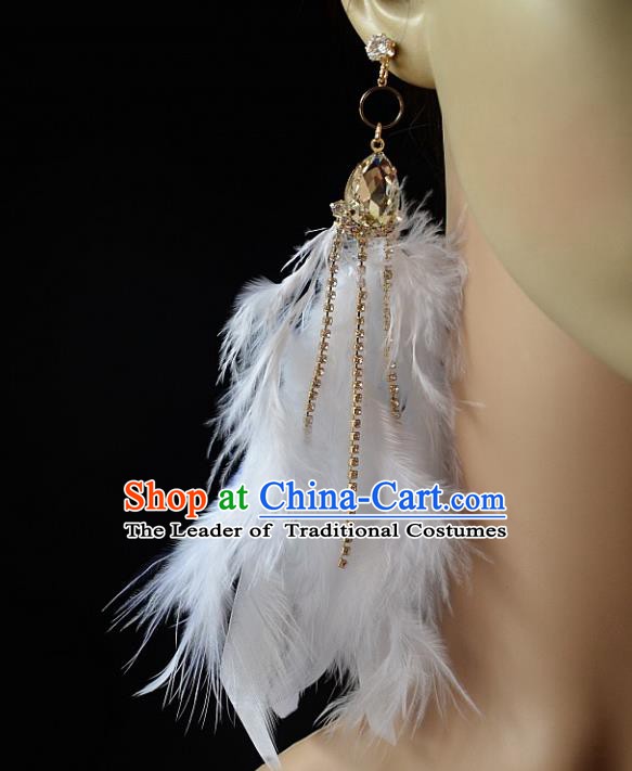 European Western Bride Vintage Accessories White Feather Crystal Eardrop Renaissance Earrings for Women