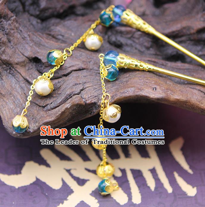 Handmade Chinese Ancient Hair Accessories Blue Beads Tassel Step Shake Hairpins for Women