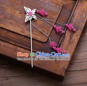 Handmade Chinese Ancient Princess Hair Accessories Butterfly Rosy Tassel Hairpins for Women