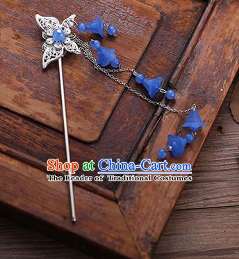 Handmade Chinese Ancient Princess Hair Accessories Butterfly Deep Blue Tassel Hairpins for Women