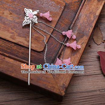 Handmade Chinese Ancient Princess Hair Accessories Butterfly Pink Tassel Hairpins for Women