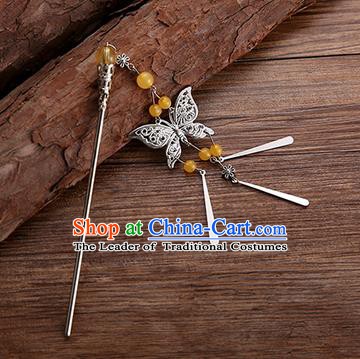 Handmade Chinese Ancient Princess Hair Accessories Orange Beads Butterfly Hairpins for Women