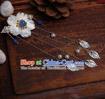 Traditional Handmade Chinese Ancient Classical Hair Accessories Shell Flowers Blue Bead Hairpins for Women