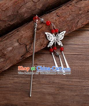 Handmade Chinese Ancient Princess Hair Accessories Red Beads Butterfly Hairpins for Women
