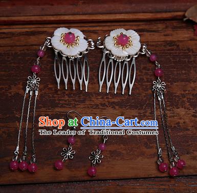 Handmade Chinese Ancient Hair Accessories Rosy Beads Tassel Hair Comb Hairpins for Women