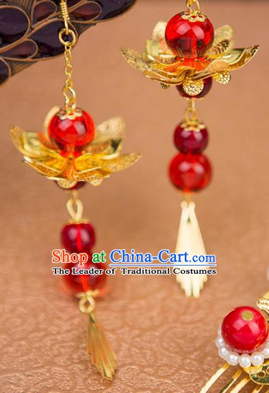 Handmade Chinese Ancient Palace Lady Accessories Hanfu Red Beads Lotus Earrings for Women