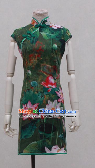 Traditional Ancient Chinese Black Qipao Dress Painting Lotus Green Cheongsam Clothing for Women