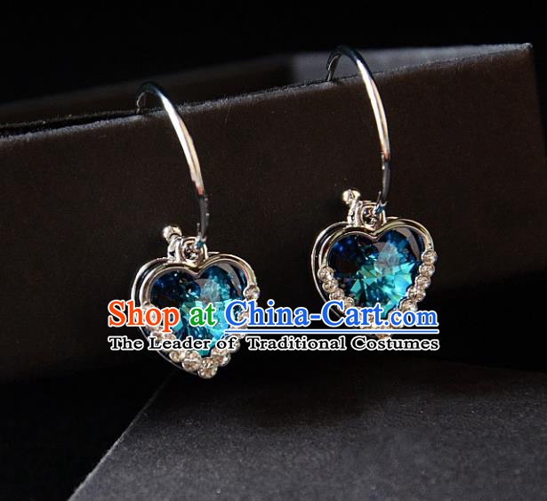 European Western Bride Vintage Blue Crystal Heart Earbob Accessories Renaissance Earrings for Women