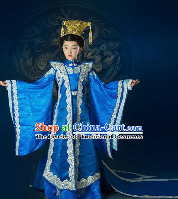 China Ancient Ming Dynasty Royal Empress Hanfu Embroidered Costume and Headpiece Complete Set for Kids
