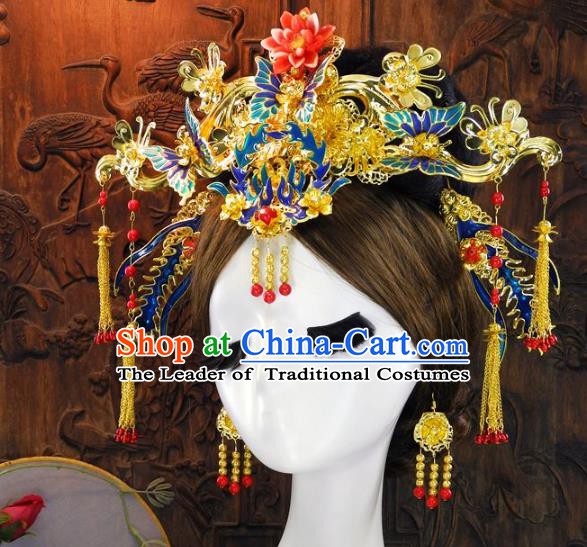 Chinese Handmade Classical Hair Accessories Ancient Wedding Headdress Blueing Phoenix Coronet Hairpins for Women