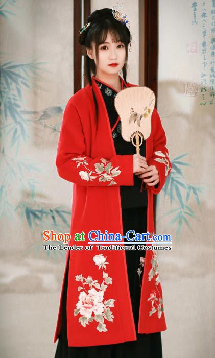 Traditional Chinese National Costume Cheongsam Blouse Tangsuit Embroidered Red Coats for Women
