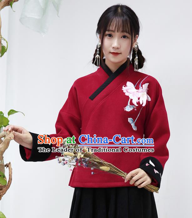 Traditional Chinese National Costume Cheongsam Red Wool Blouse Tangsuit Embroidered Coats for Women