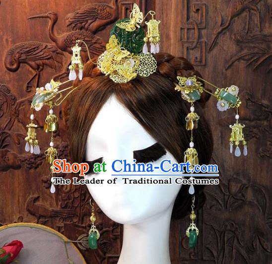 Chinese Handmade Classical Wedding Hair Accessories Ancient Bride Jade Hairpins Complete Set for Women