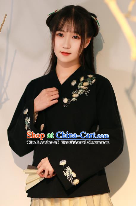Traditional Chinese National Costume Embroidered Hanfu Black Blouse Tangsuit Shirts for Women
