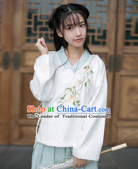 Traditional Chinese National Costume Embroidered Cheongsam White Blouse Tang Suit Hanfu Shirts for Women