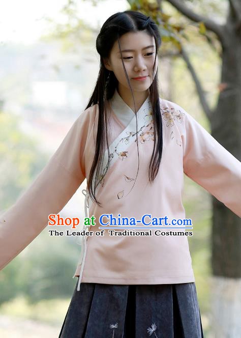 Traditional Chinese National Costume Embroidered Pink Shirts Hanfu Cheongsam Blouse for Women