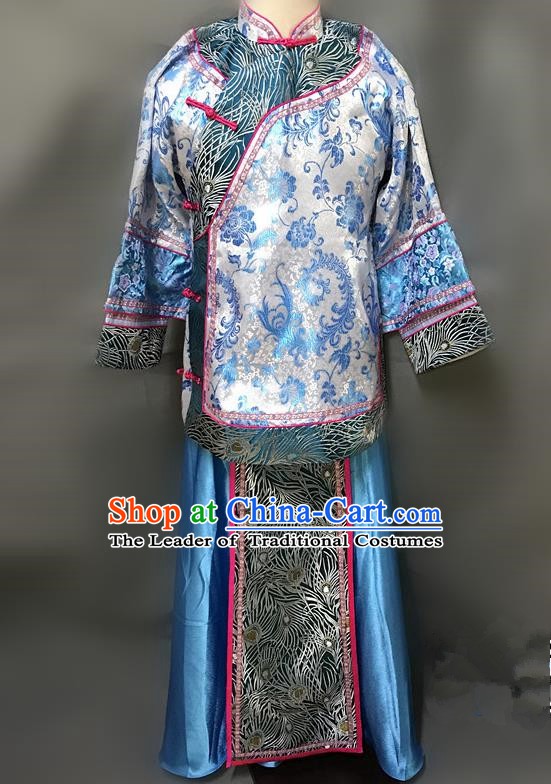 Traditional Chinese Qing Dynasty Young Mistress Costume Ancient Embroidered Blue Xiuhe Suit for Women