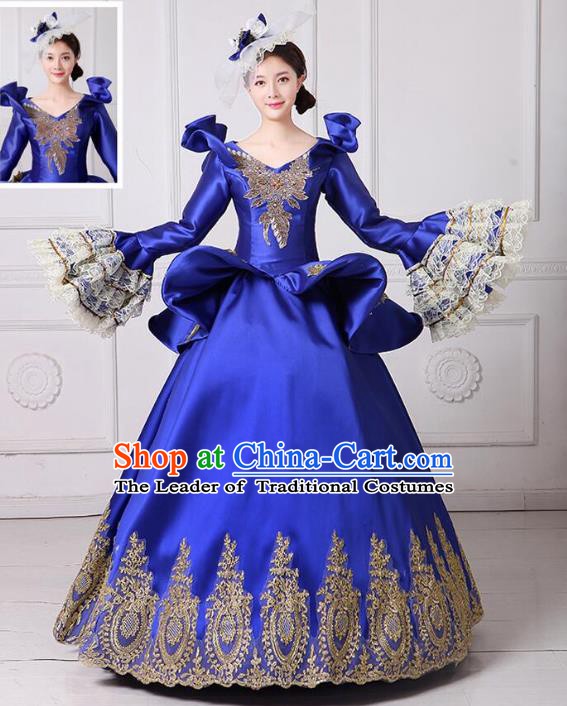 Traditional European Court Noblewoman Renaissance Costume Dance Ball Princess Royalblue Dress for Women