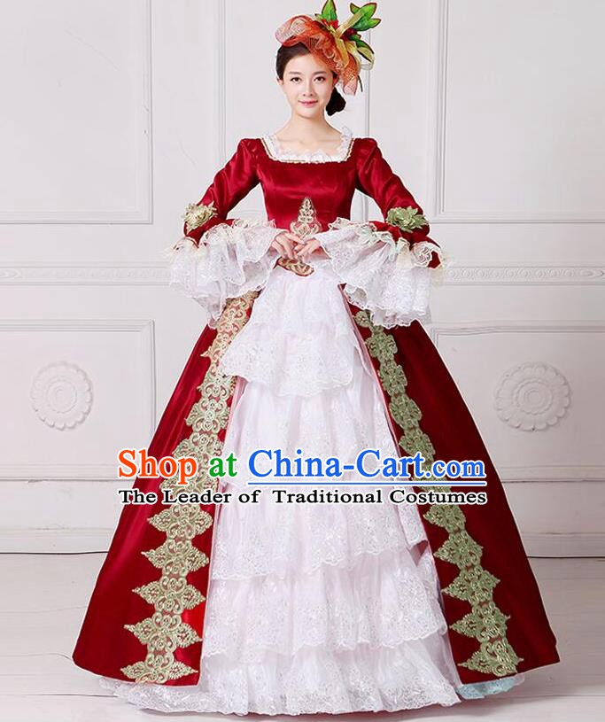 Traditional European Court Princess Renaissance Costume Stage Performance Dance Ball Dowager Wine Red Full Dress for Women