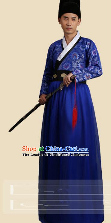 Traditional China Ancient Song Dynasty Imperial Bodyguard Costume Swordsman Deep Blue Robe Clothing for Men