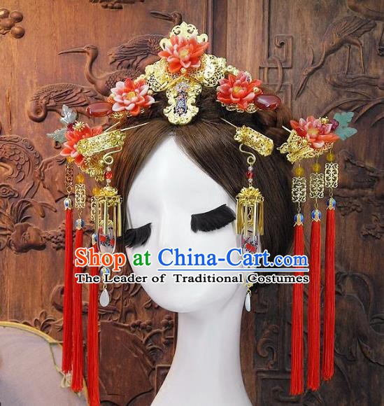 Chinese Handmade Classical Wedding Hair Accessories Ancient Hanfu Red Lotus Phoenix Coronet for Women
