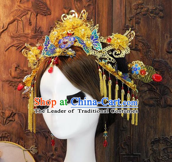 Chinese Handmade Classical Wedding Hair Accessories Ancient Hanfu Hairpins Tassel Butterfly Phoenix Coronet for Women