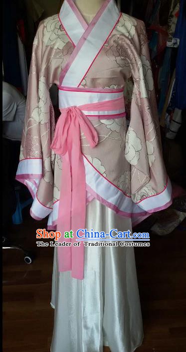 Traditional China Ancient Han Dynasty Royal Princess Costume Hanfu Pink Curving-front Robe for Women