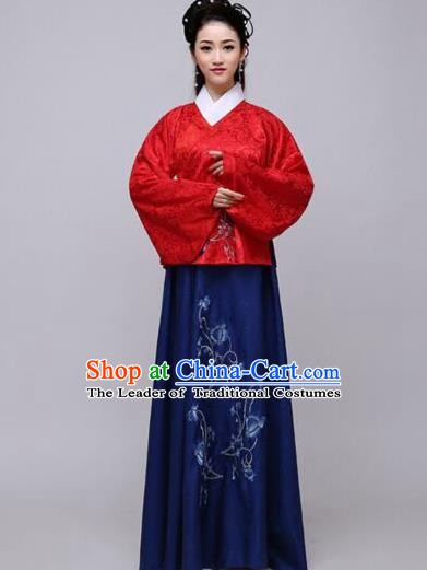 Traditional China Ancient Ming Dynasty Princess Costume Hanfu Red Blouse and Navy Skirt for Women