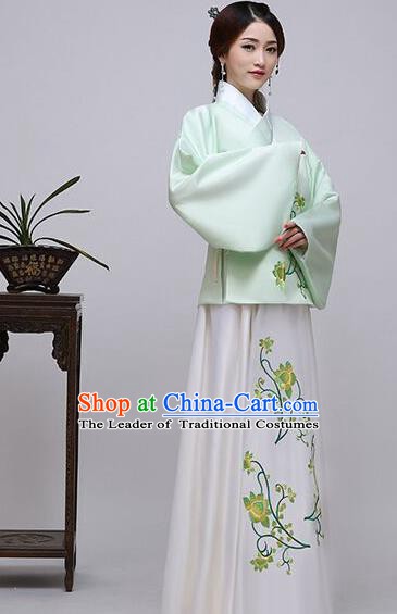 Traditional China Ancient Ming Dynasty Princess Costume Hanfu Green Blouse and White Skirt for Women