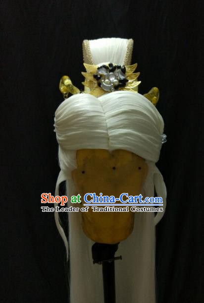 Traditional China Ancient Cosplay Swordsman Wig and Hair Accessories Hairdo Crown for Men
