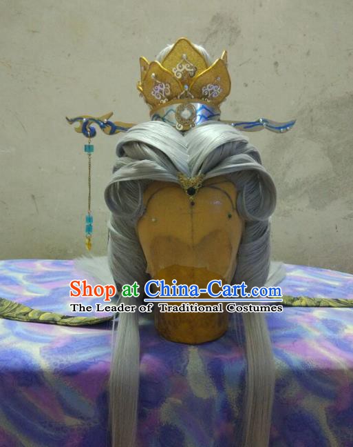 Traditional China Ancient Cosplay Royal Highness Swordsman Wig and Hair Accessories Hairpins for Men