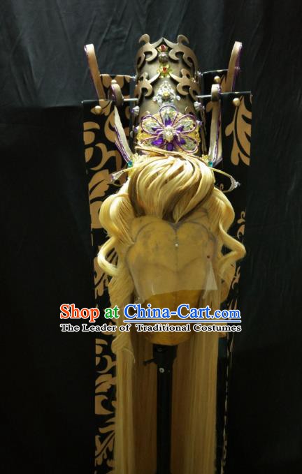 Traditional China Ancient Cosplay Royal Highness Swordsman Wig and Hair Accessories Hairdo Crown for Men