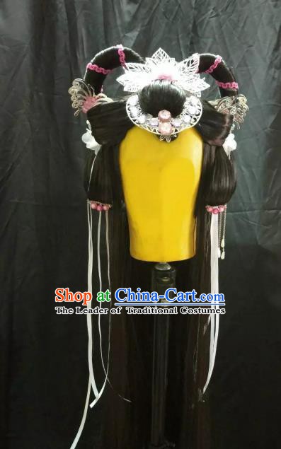 Traditional China Ancient Cosplay Royal Princess Swordsman Wig and Hair Accessories Hairpins for Women