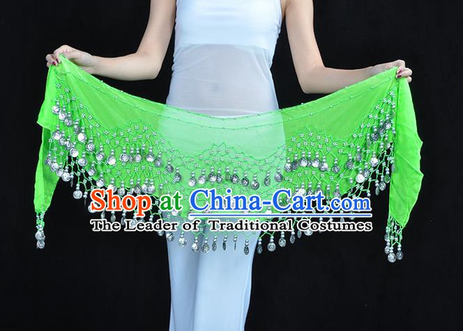 Asian Indian Belly Dance Argent Paillette Light Green Silk Waistband Accessories India Raks Sharki Belts for Women